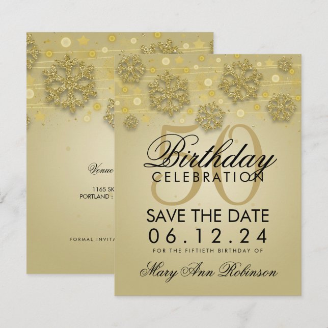 Invitation Gold 50th Birthday Save Date Winter (Devant / Derrière)