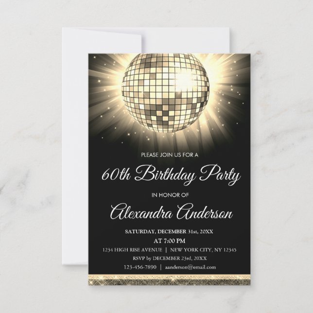 Invitation Gold 60th Birthday Party 70's Disco Ball (Devant)