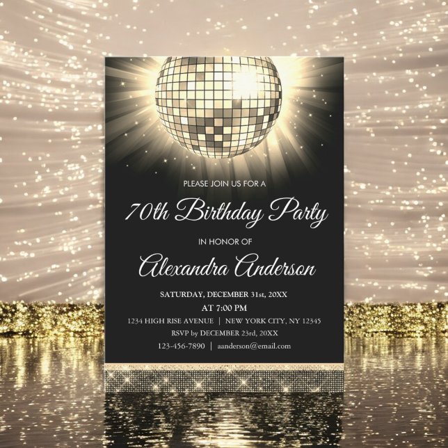 Invitation Gold 70th Birthday Party 70's Disco Ball (Créateur téléchargé)