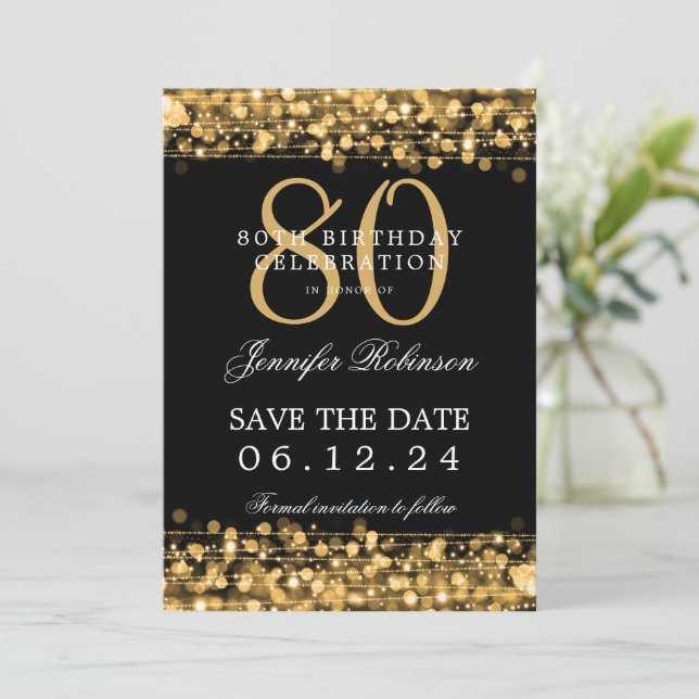 Invitation Gold 80th Birthday Enregistrer la date (Debout devant)