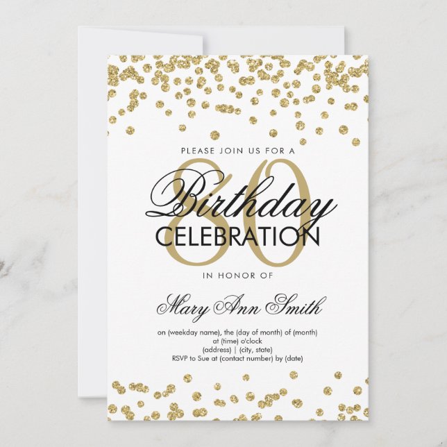 Invitation Gold 80th Birthday Party Parties scintillant Confe (Devant)