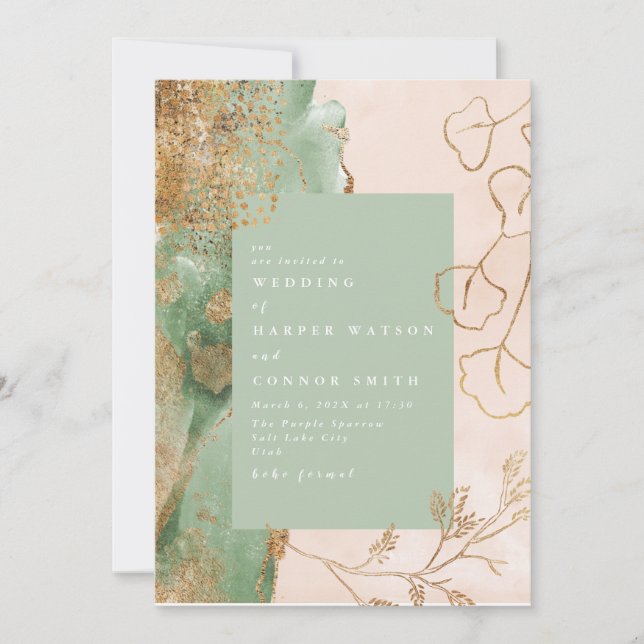 Invitation Gold Abstrait Eucalyptus Moderne Mariage de verdur (Devant)