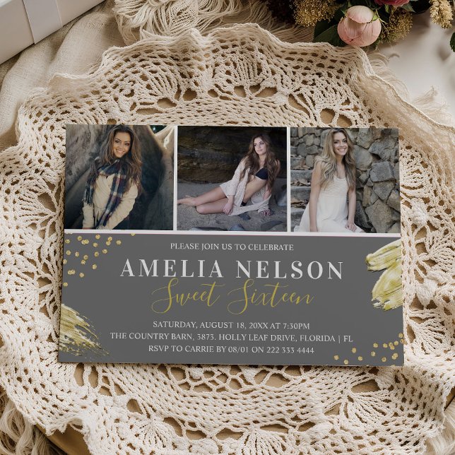 Invitation Gold Abstrait photo Collage Sweet 16 Anniversaire (Créateur téléchargé)