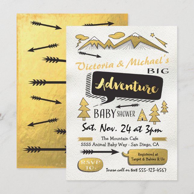 Invitation Gold Adventure Mountain Camping Baby shower tribal (Devant / Derrière)