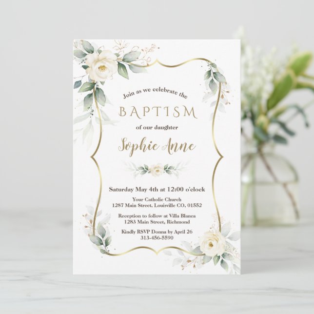 Invitation Gold Airy Greenery Blanc Ivory Floral Baptême (Debout devant)