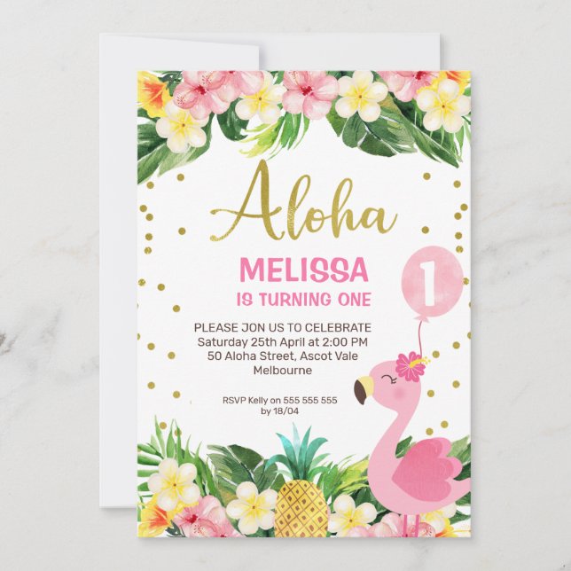Invitation Gold Aloha Floral Folithe Flamant rose 1er anniver (Devant)