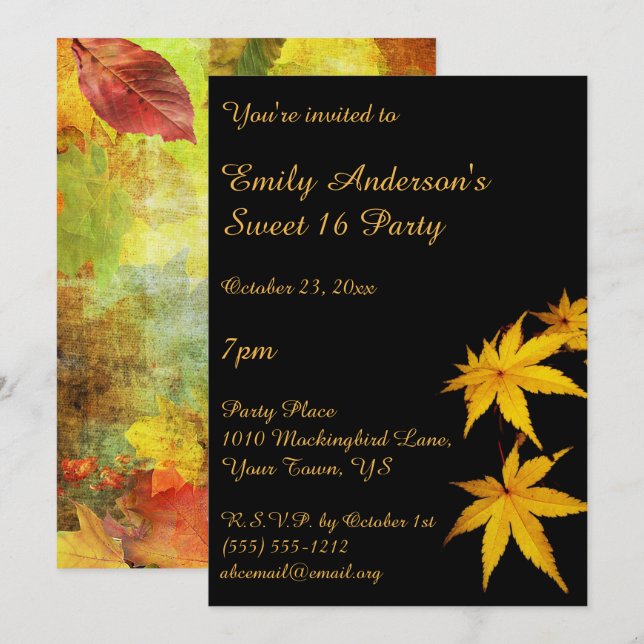 Invitation Gold and Black Autumn Sweet 16 Anniversaire (Devant / Derrière)