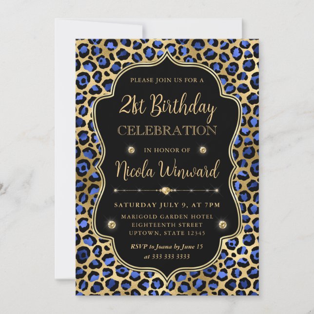 Invitation Gold and Blue Leopard Print Birthday Party (Devant)