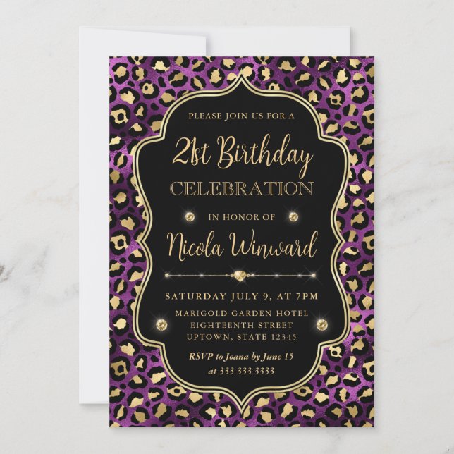 Invitation Gold and Purple Leopard Print Birthday Party (Devant)