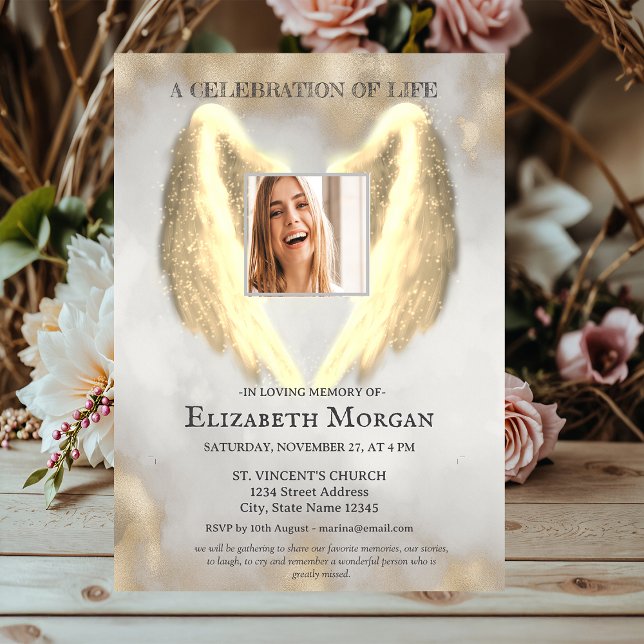 Invitation Gold Angel Wings Photo Gold Celebration Of Life (Créateur téléchargé)