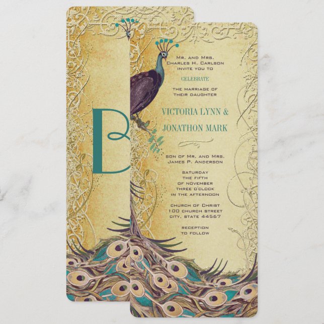 Invitation Gold Aqua Eggplant Art Nouveau Peacock Mariage (Devant / Derrière)