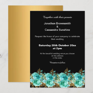 Invitation Gold Aqua Floral Mariage Arrière - plan noir