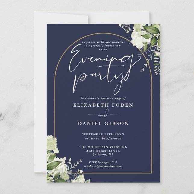 Invitation Gold Arch Floral Navy Blue Mariage Soirée (Devant)