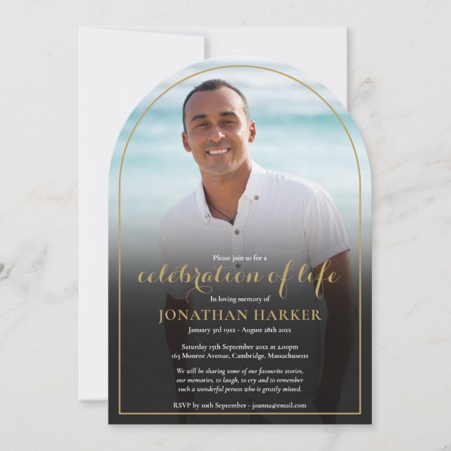Invitation Gold Arch Funeral Photo Celebration of Life (Devant)