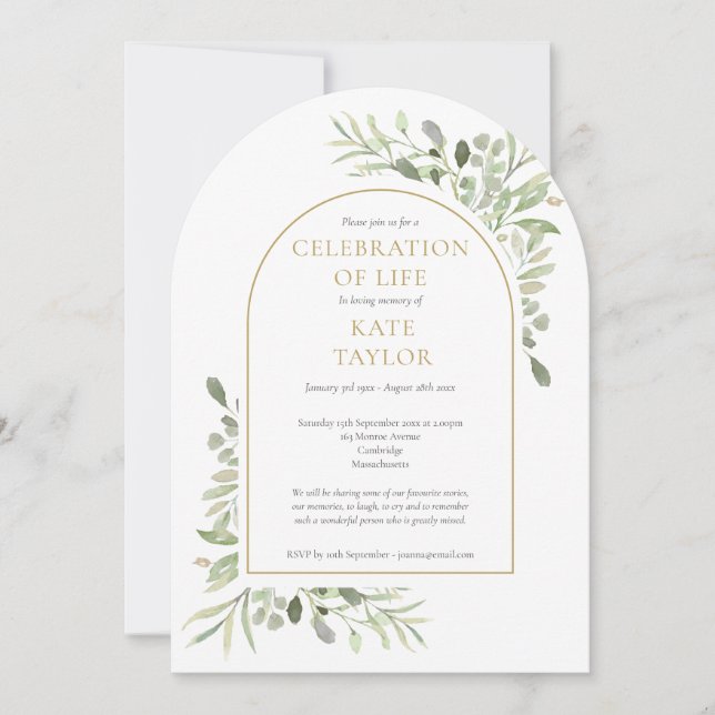 Invitation Gold Arch Greenery Funérailles Célébration de la v (Devant)