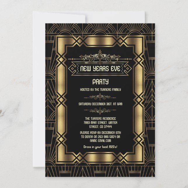 Invitation Gold Art Déco Gatsby 1920's New Year's Eve Party (Devant)