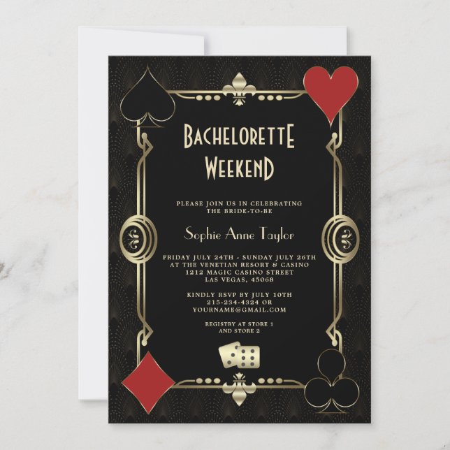 Invitation Gold Art Deco Vegas Casino Bachelorette Week-end (Devant)