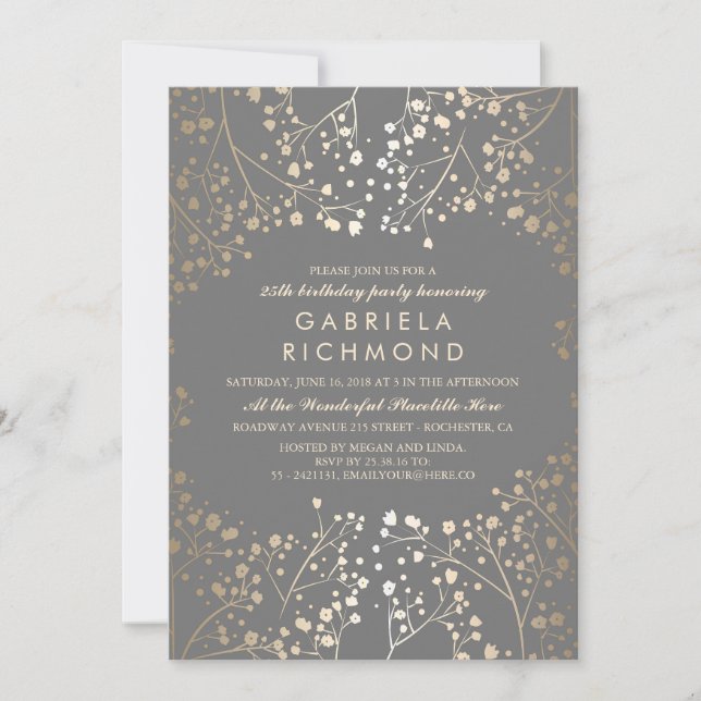 Invitation Gold Baby's Breath Elegant Grey fête d'anniversair (Devant)