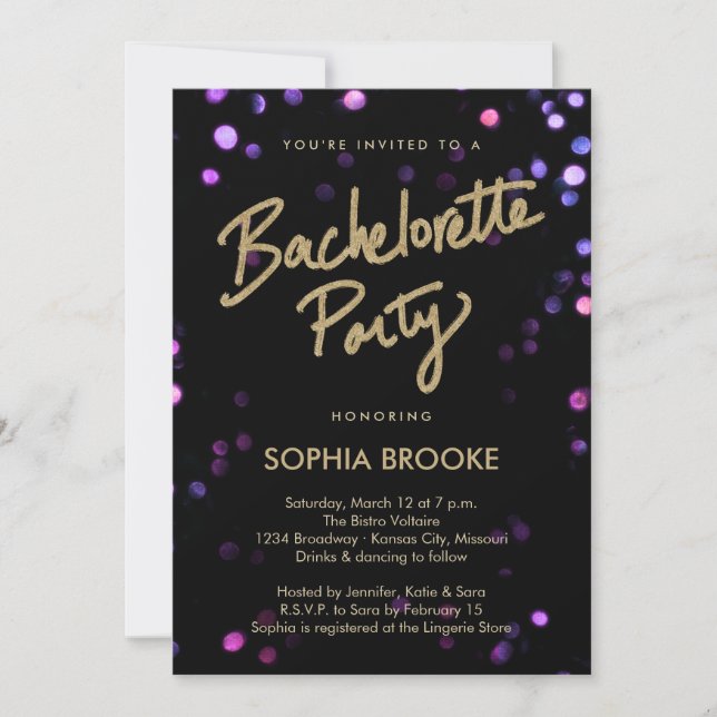 Invitation Gold Bachelorette avec lumières Shimmer (Devant)
