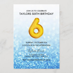 Invitation Gold Balloon Blue Parties scintillant 6e fête d'an