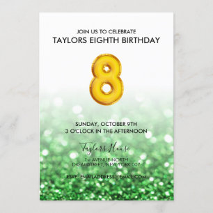 Invitation Gold Balloon Green Parties scintillant 8e annivers