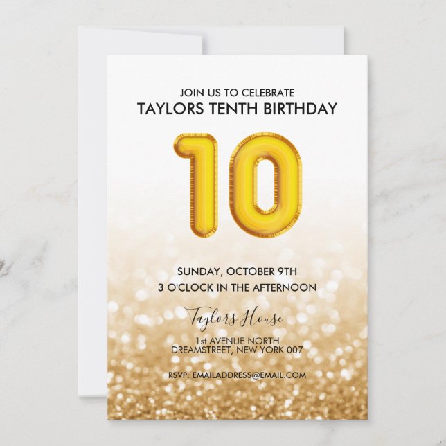 Invitation 
Gold Balloon Parties scintillant 10e anniversair (Devant)