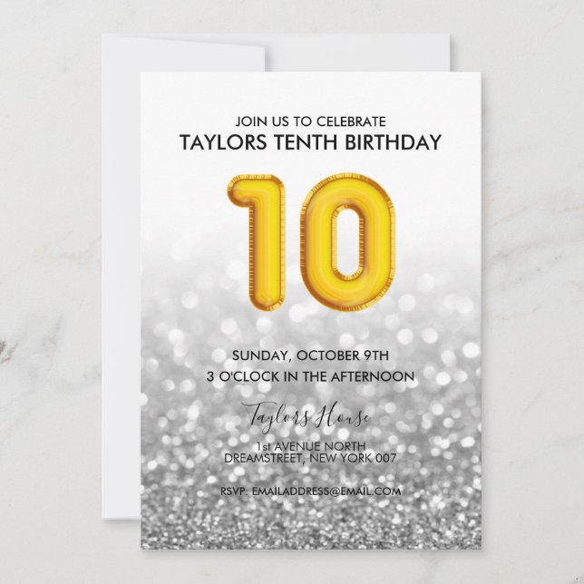 Invitation Gold Balloon Parties scintillant d'argent 10e anni (Devant)