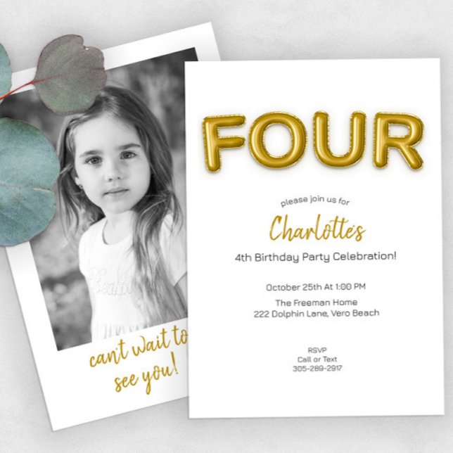 Invitation Gold Balloon quatrième anniversaire Photo Invitati (Créateur téléchargé)