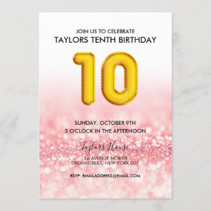 Invitation Gold Balloon rose Parties scintillant 10e fête d'a
