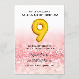 Invitation Gold Balloon rose Parties scintillant 9e fête d'an