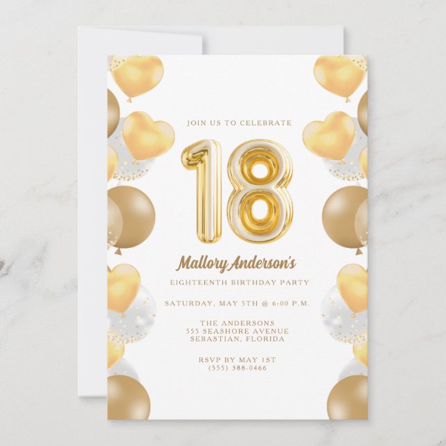 Invitation Gold Balloons 18e fête d'anniversaire (Devant)