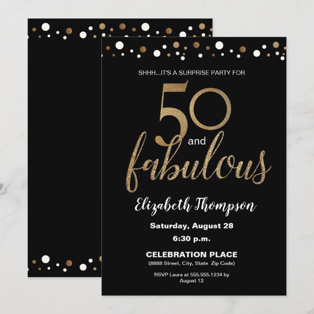 Invitation Gold Black 50 et fabuleuse fête d'anniversaire Sur (Devant / Derrière)
