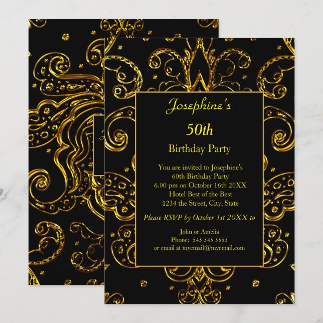 Invitation Gold Black 50e 60e 70e anniversaire (Devant / Derrière)