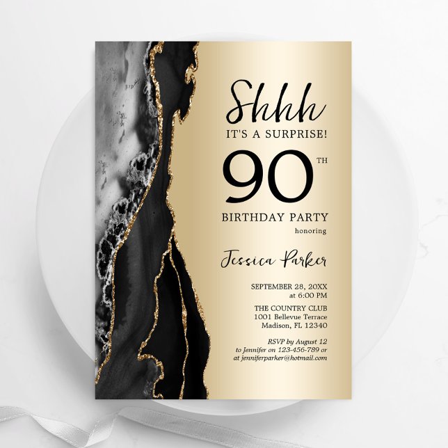 Invitation Gold Black Agate Surprise 90e anniversaire (Créateur téléchargé)