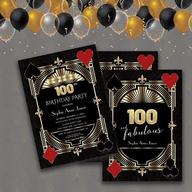 Invitation Gold Black Art Deco Casino Poker 100e anniversaire (#birthdayinvitation #casinobirthdayparty)
