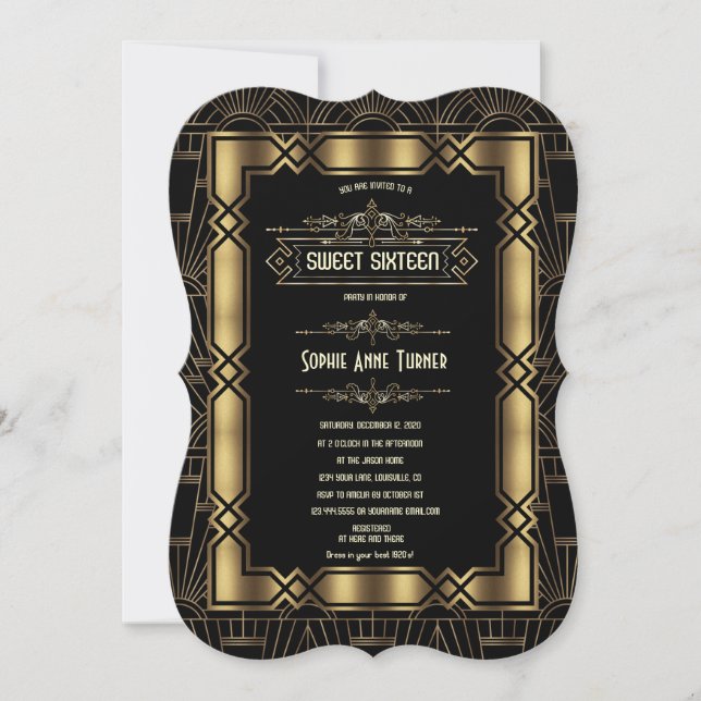 Invitation Gold Black Art Déco Gatsby Sweet sixteen des année (Devant)