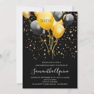 Invitation Gold & Black Balloons Star Confetti 50e anniversai