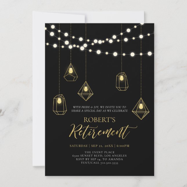 Invitation Gold & Black Chic String Lights Retraite (Devant)