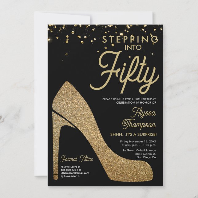 Invitation Gold Black Confetti Formal Surprise 50e anniversai (Devant)