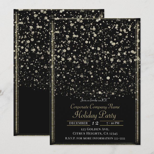 Invitation Gold & Black Confetti Splatt Fête de Vacances (Devant / Derrière)
