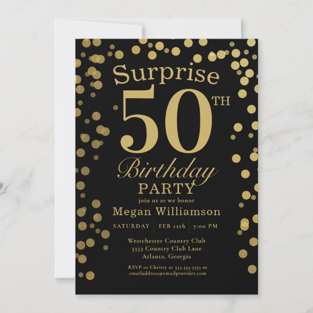 Invitation Gold Black Confetti Surprise 50e anniversaire (Devant)