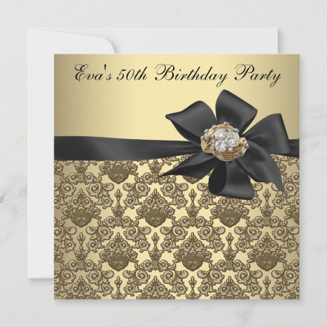 Invitation Gold Black Damask 50th Birthday Party (Devant)