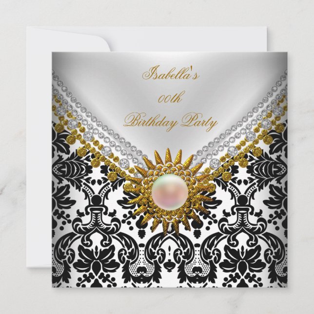 Invitation Gold Black Damask Blanc Élégante fête d'anniversai (Devant)