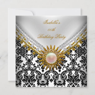 Invitation Gold Black Damask Blanc Élégante fête d'anniversai