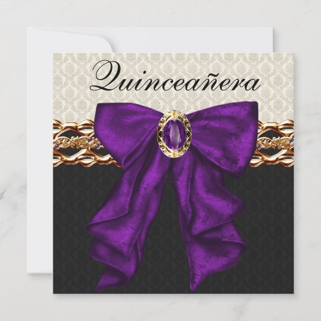 Invitation Gold Black Damask Violet Quinceanera (Devant)