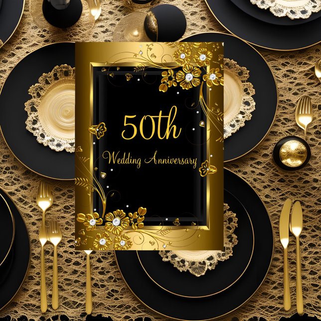Invitation Gold Black Diamond Floral 50e Anniversaire (Créateur téléchargé)