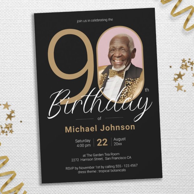 Invitation Gold Black Elegant Photo personnalisée 90e anniver (Photo 90th Birthday Gold Black Elegant Custom Invitation)