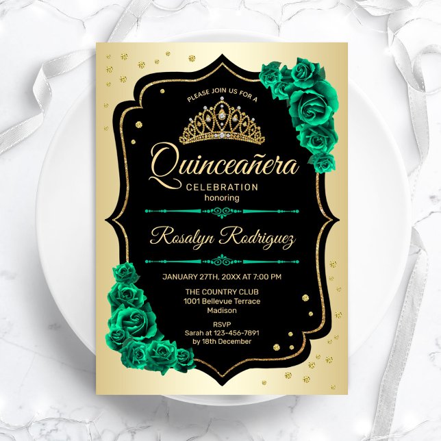 Invitation Gold Black Emerald Green Elegant Quinceanera (Créateur téléchargé)