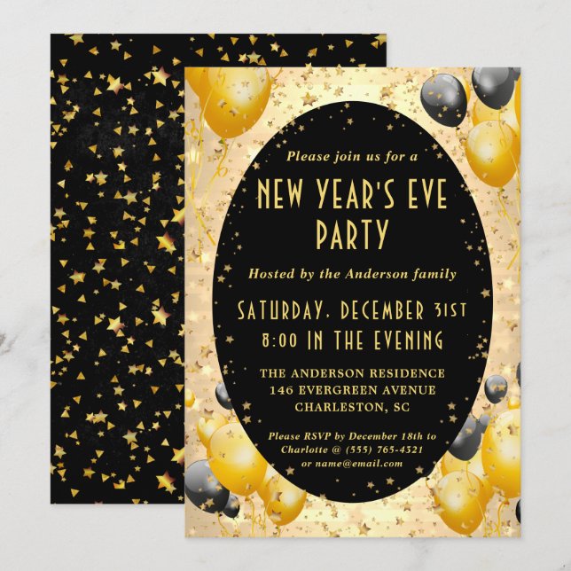 Invitation Gold Black Étoiles scintillantes fête de réveillon (Devant / Derrière)
