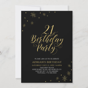 Invitation Gold & Black   Fête d'anniversaire 21 ans chic mod